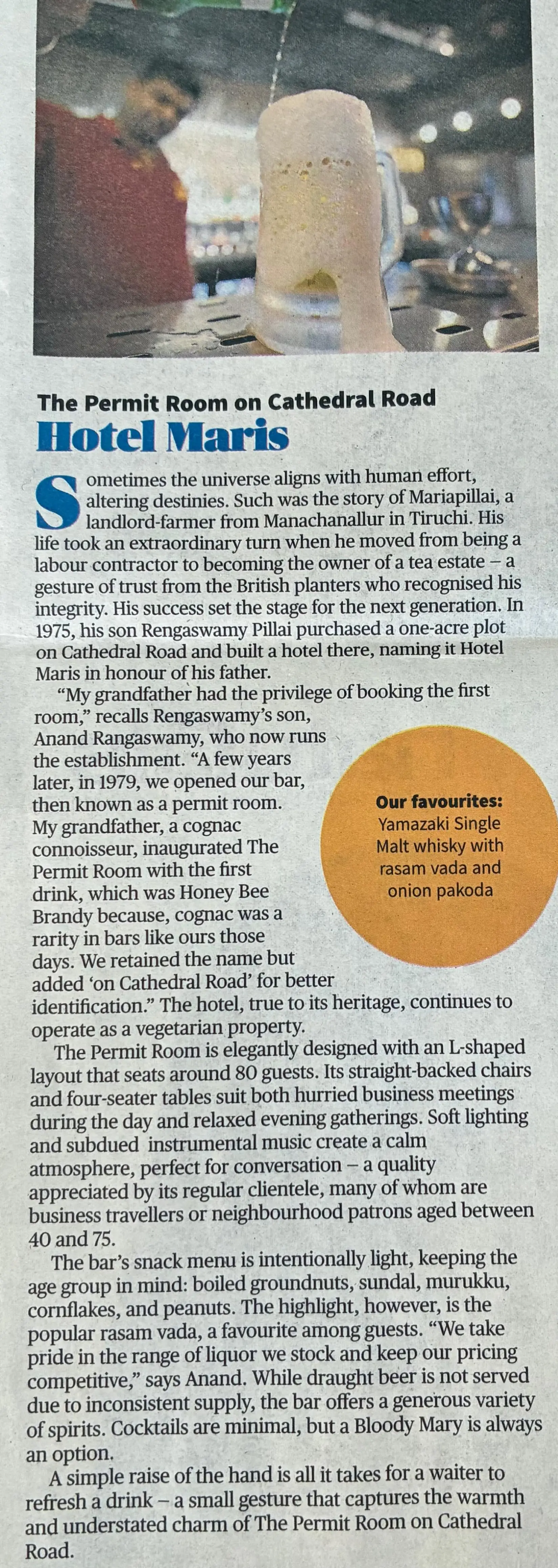 Hotel Maris — The Permit Room on Cathedral Road, The Hindu supplement