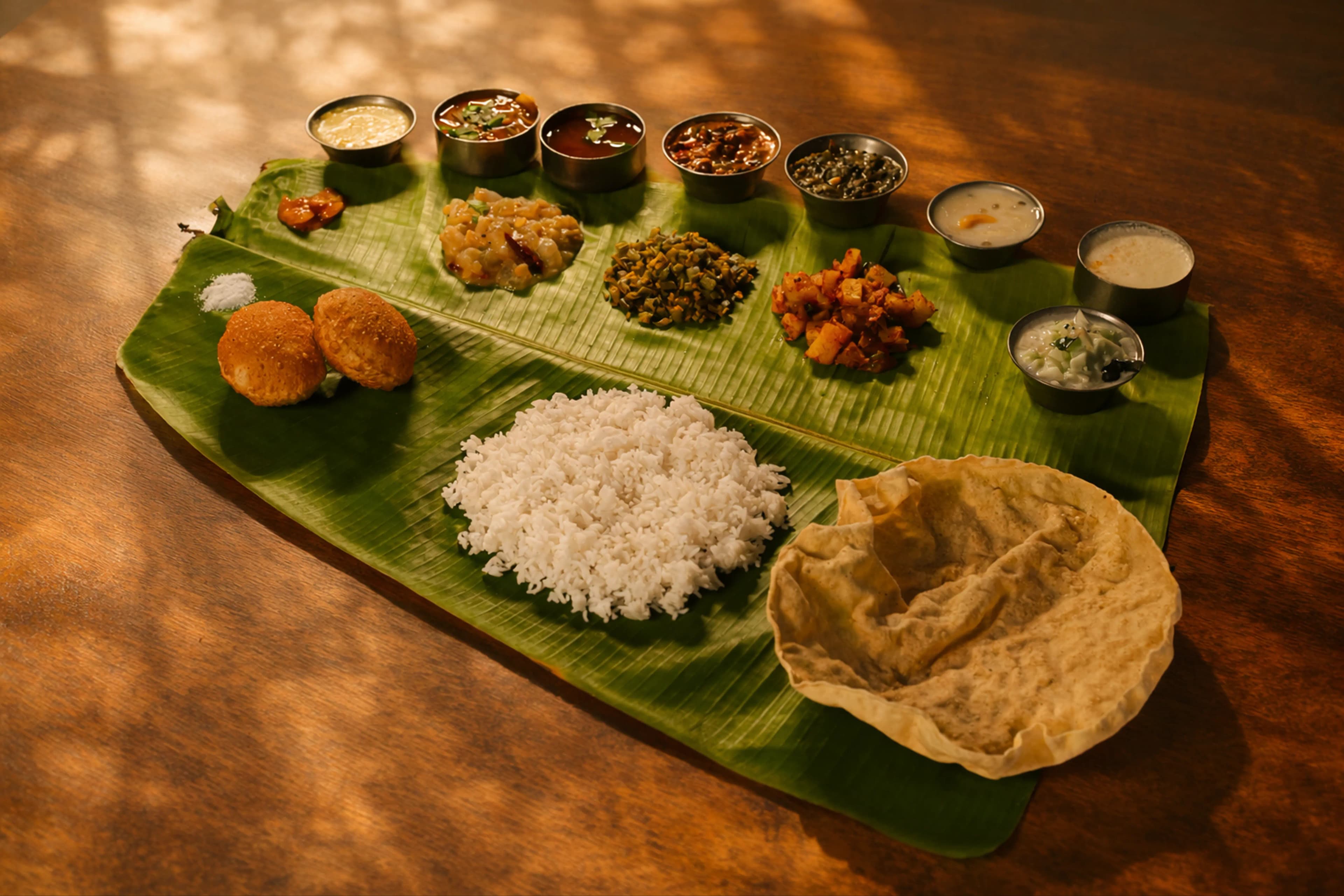 Traditional South Indian sadhya spread on a banana leaf
